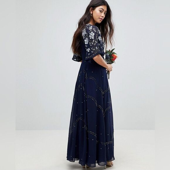 ASOS- Women’s Navy Blue Floor Length Embellished Dress Flutter Sleeve, Size 12 - Picture 8 of 16